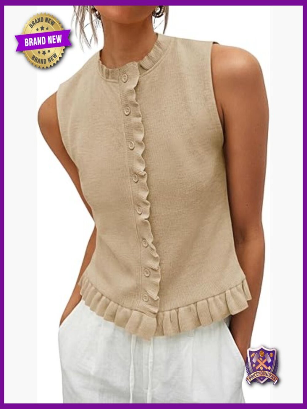 Sleeveless Ruffle Button Down Ribbed Knit Sweater Vest Slim Fit Medium